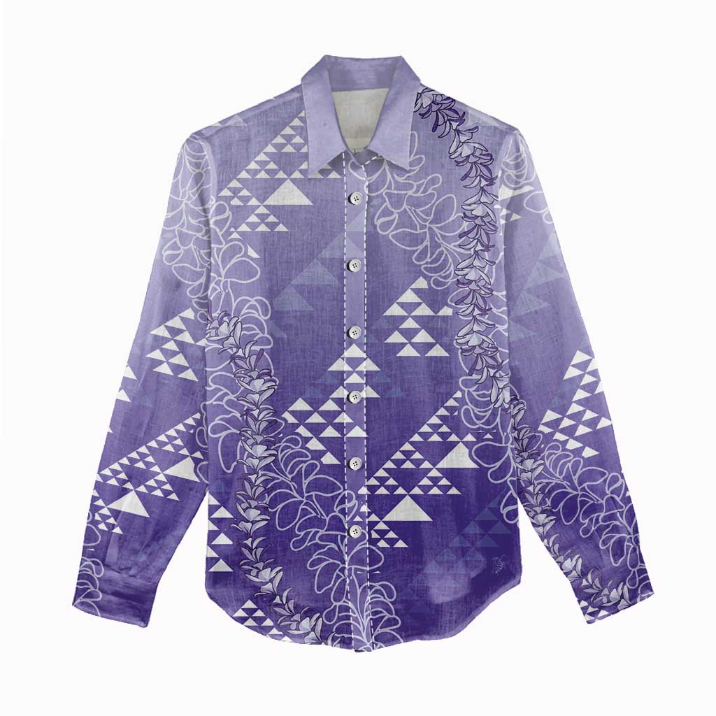 Hawaii Lavender Kapa Women Casual Shirt Vintage 'Ohe Kāpala Motifs Mix Plumeria Leis