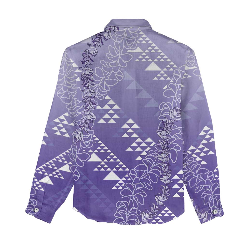 Hawaii Lavender Kapa Women Casual Shirt Vintage 'Ohe Kāpala Motifs Mix Plumeria Leis