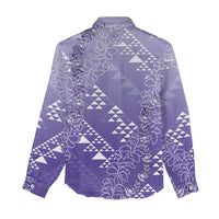 Hawaii Lavender Kapa Women Casual Shirt Vintage 'Ohe Kāpala Motifs Mix Plumeria Leis