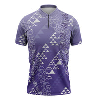Hawaii Lavender Kapa Zipper Polo Shirt Vintage 'Ohe Kāpala Motifs Mix Plumeria Leis