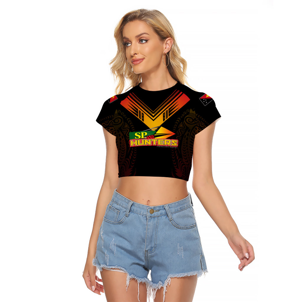 Personalised PNG Hunters Rugby Raglan Cropped T Shirt Motuan Style LT7 Female Black - Polynesian Pride
