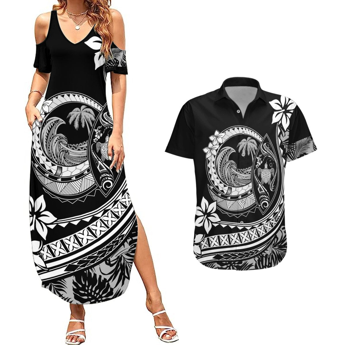Polynesian Plumeria Couples Matching Summer Maxi Dress and Hawaiian Shirt Ride The Waves - Black LT7 Black - Polynesian Pride
