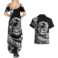 Polynesian Plumeria Couples Matching Summer Maxi Dress and Hawaiian Shirt Ride The Waves - Black LT7 - Polynesian Pride