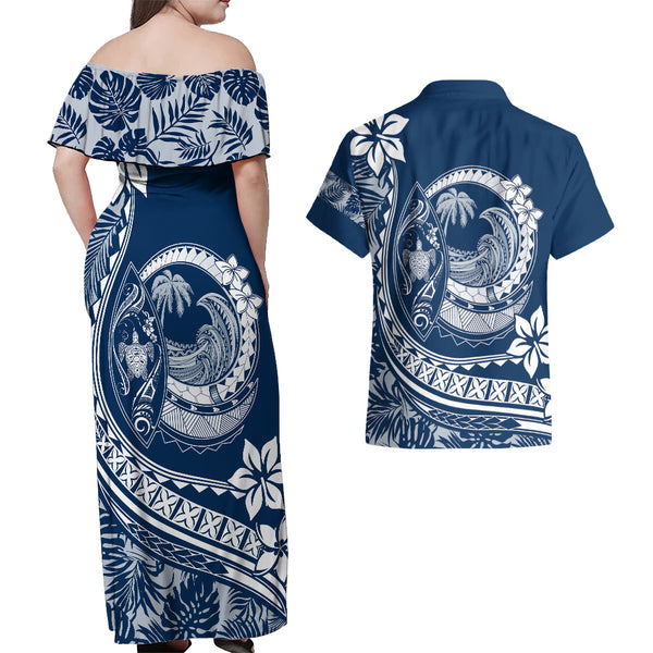 Hawaii Family Matching Outfits Polynesian Plumeria Summer Maxi Dress And Shirt Family Set Clothes Ride The Waves - Blue LT7