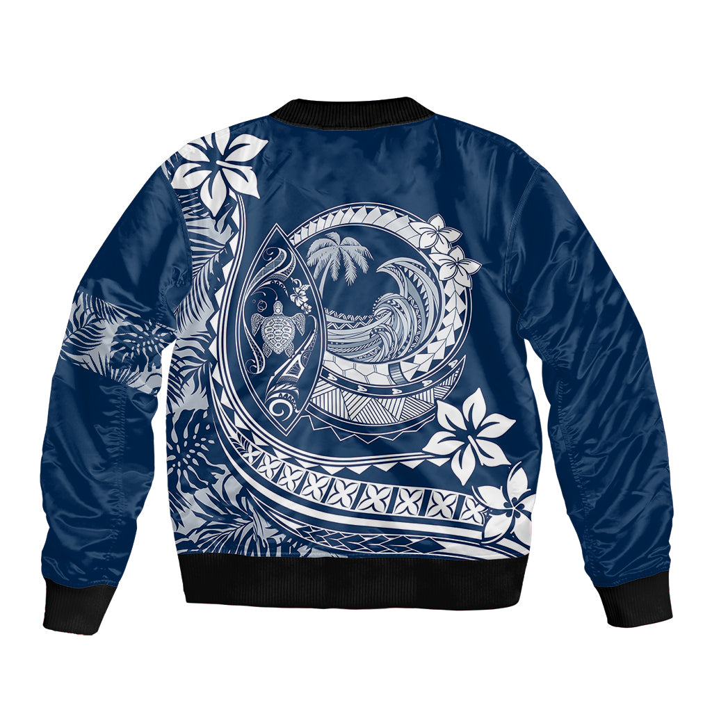 Polynesian Plumeria Sleeve Zip Bomber Jacket Ride The Waves - Navy Blue LT7 - Polynesian Pride
