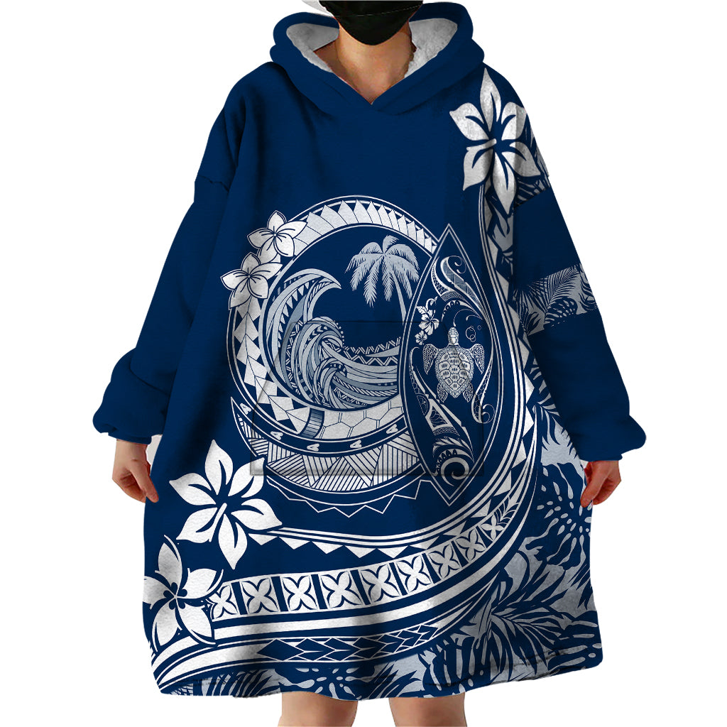 Polynesian Plumeria Wearable Blanket Hoodie Ride The Waves - Navy Blue LT7 - Polynesian Pride