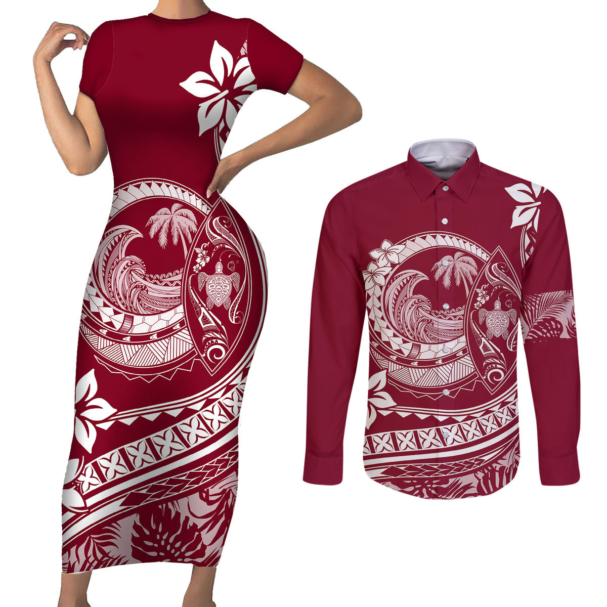 Polynesian Plumeria Couples Matching Short Sleeve Bodycon Dress and Long Sleeve Button Shirts Ride The Waves - Burgundy LT7 Burgundy - Polynesian Pride