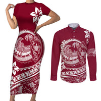 Polynesian Plumeria Couples Matching Short Sleeve Bodycon Dress and Long Sleeve Button Shirts Ride The Waves - Burgundy LT7 Burgundy - Polynesian Pride