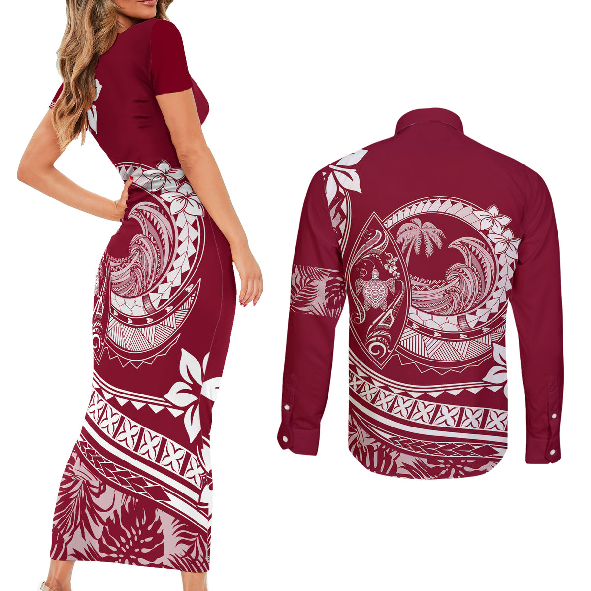Polynesian Plumeria Couples Matching Short Sleeve Bodycon Dress and Long Sleeve Button Shirts Ride The Waves - Burgundy LT7 - Polynesian Pride