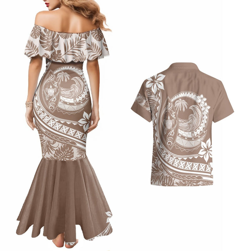 Polynesia Couples Matching Mermaid Dress and Hawaiian Shirt Plumeria Galaxy Gradient Curves LT7 main image 1