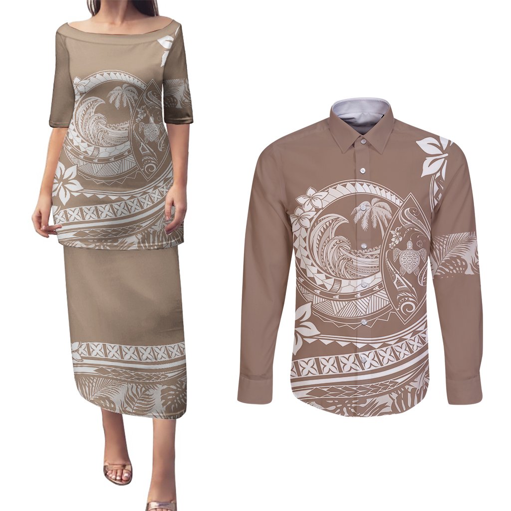 Polynesian Plumeria Couples Matching Puletasi Dress and Long Sleeve Button Shirts Ride The Waves - Beige LT7 Beige - Polynesian Pride