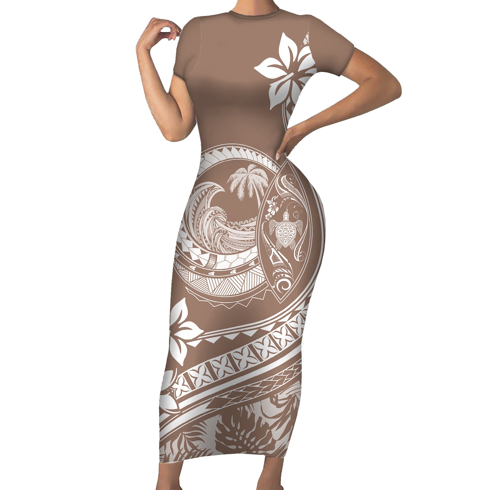 Polynesian Plumeria Short Sleeve Bodycon Dress Ride The Waves - Beige LT7 Long Dress Beige - Polynesian Pride