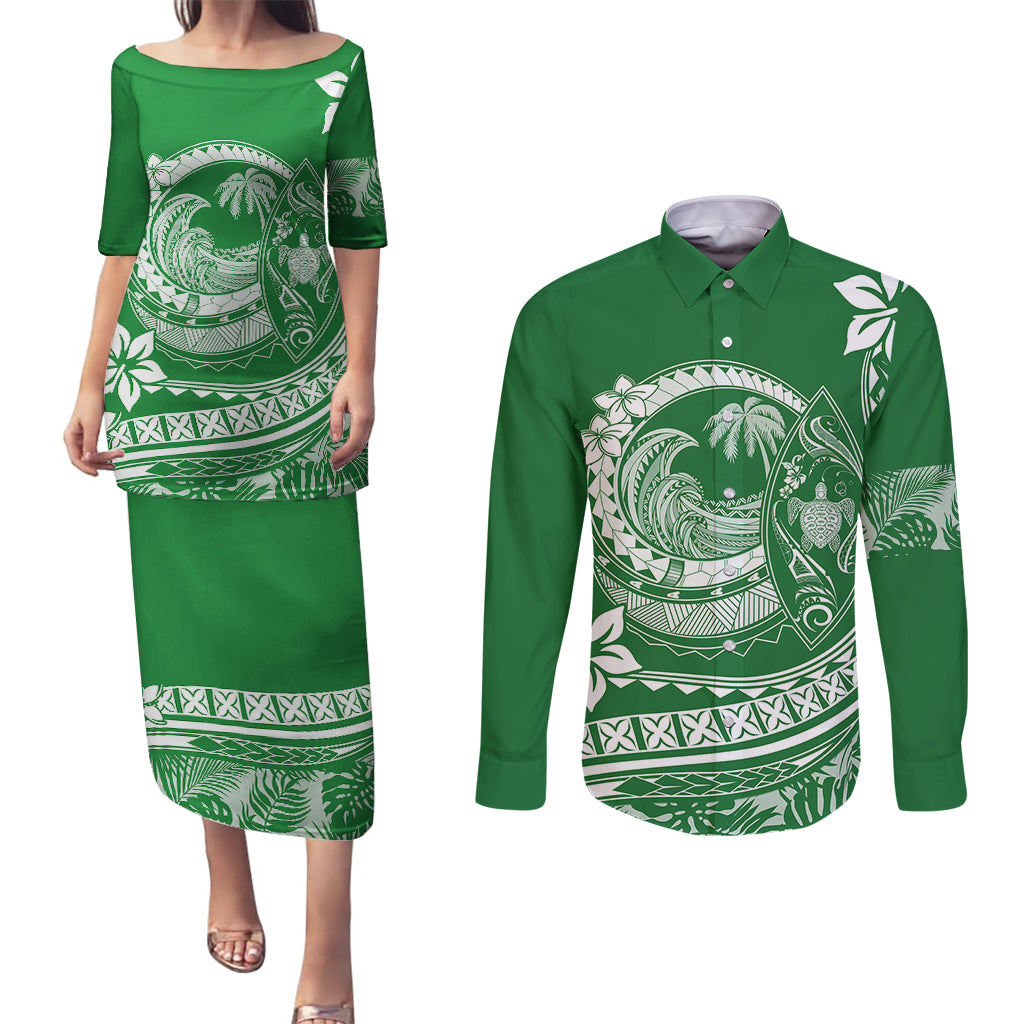 Polynesian Plumeria Couples Matching Puletasi Dress and Long Sleeve Button Shirts Ride The Waves - Green LT7 Green - Polynesian Pride