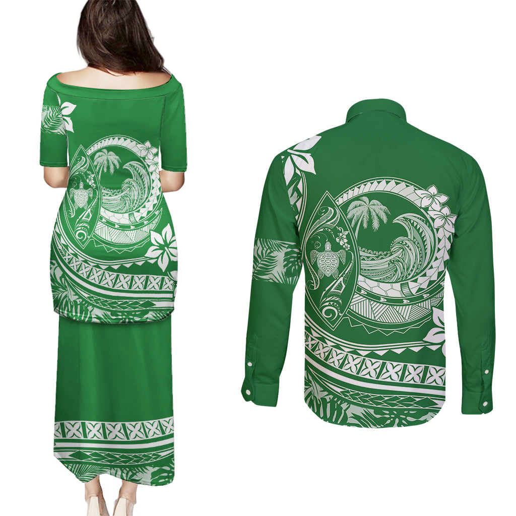 Polynesian Plumeria Couples Matching Puletasi Dress and Long Sleeve Button Shirts Ride The Waves - Green LT7 - Polynesian Pride