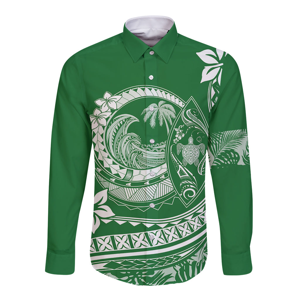 Polynesian Plumeria Long Sleeve Button Shirt Ride The Waves - Green LT7 Unisex Green - Polynesian Pride