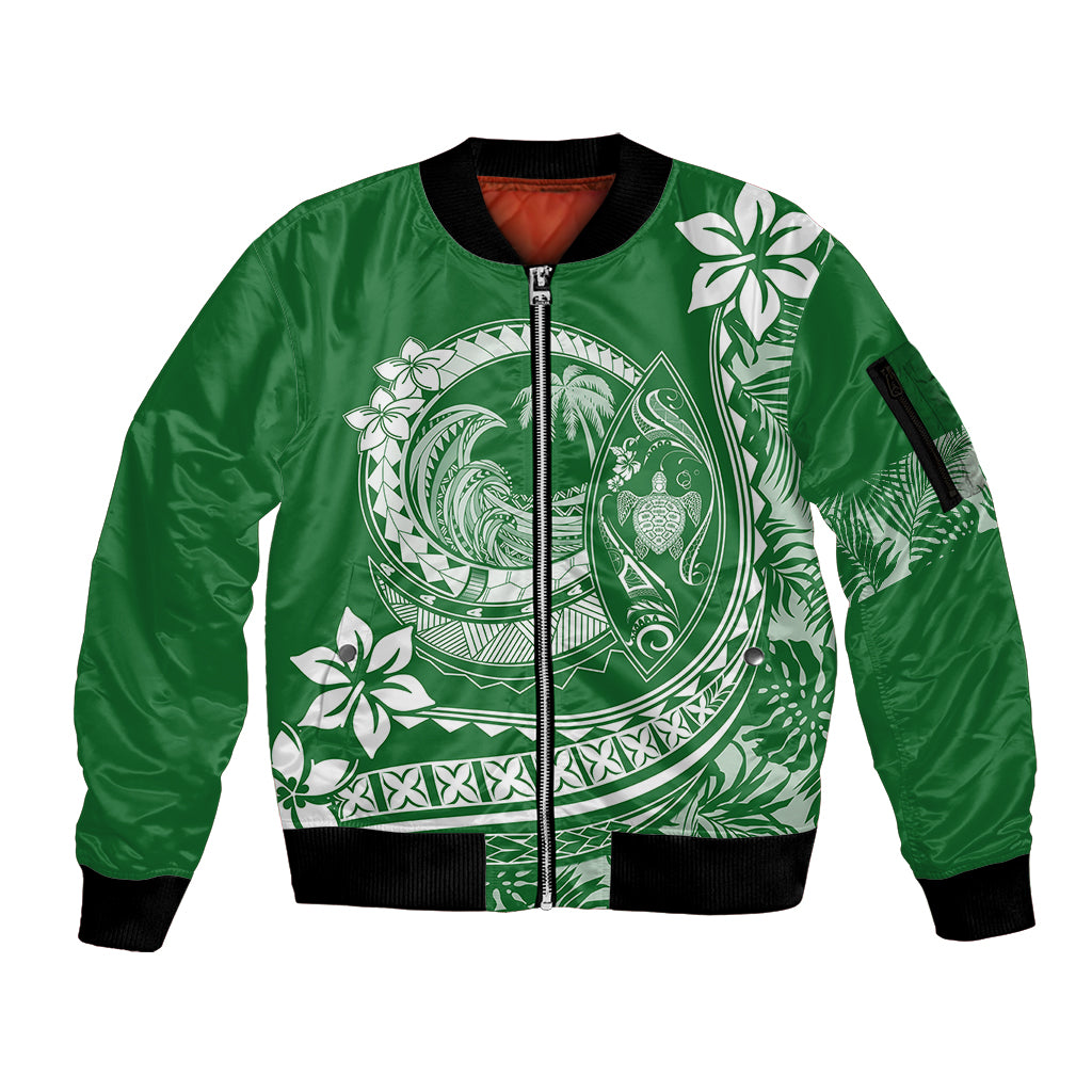 Polynesian Plumeria Sleeve Zip Bomber Jacket Ride The Waves - Green LT7 Unisex Green - Polynesian Pride