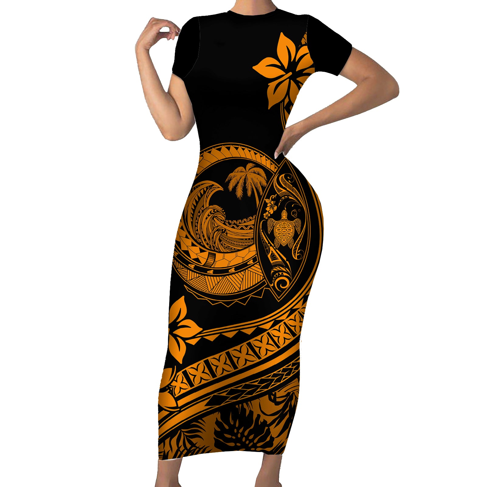 Polynesian Plumeria Short Sleeve Bodycon Dress Ride The Waves - Orange LT7 Long Dress Orange - Polynesian Pride