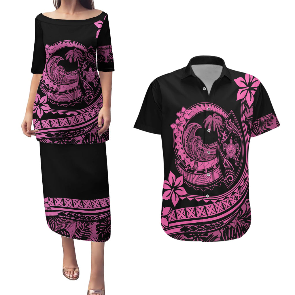 Polynesian Plumeria Couples Matching Puletasi Dress and Hawaiian Shirt Ride The Waves - Pink LT7 Pink - Polynesian Pride
