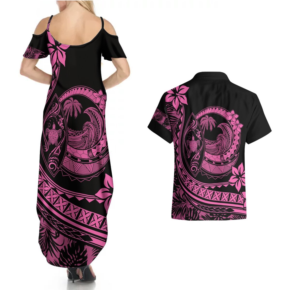 Polynesian Plumeria Couples Matching Summer Maxi Dress and Hawaiian Shirt Ride The Waves - Pink LT7 - Polynesian Pride