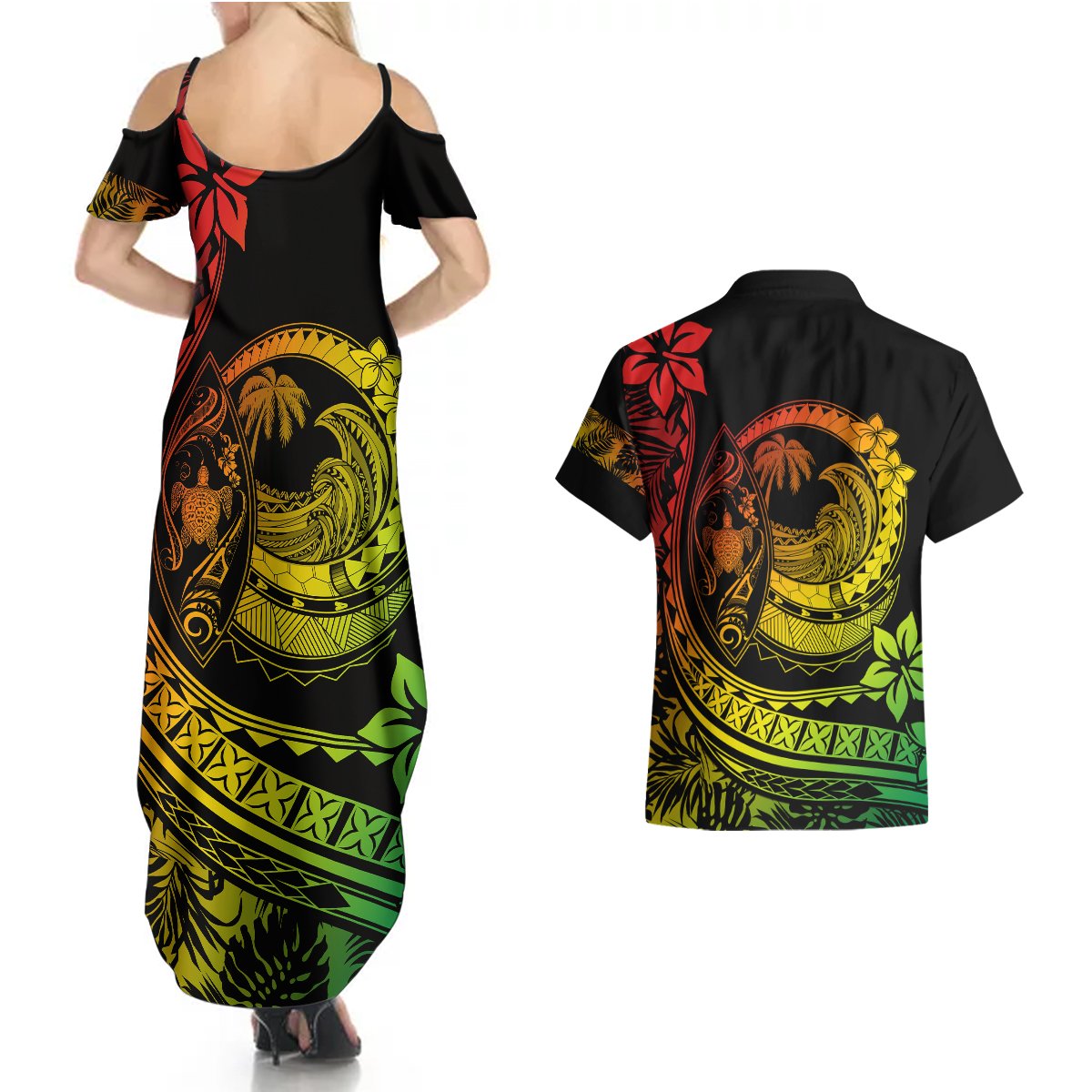 Polynesian Plumeria Couples Matching Summer Maxi Dress and Hawaiian Shirt Ride The Waves - Reggae LT7 - Polynesian Pride