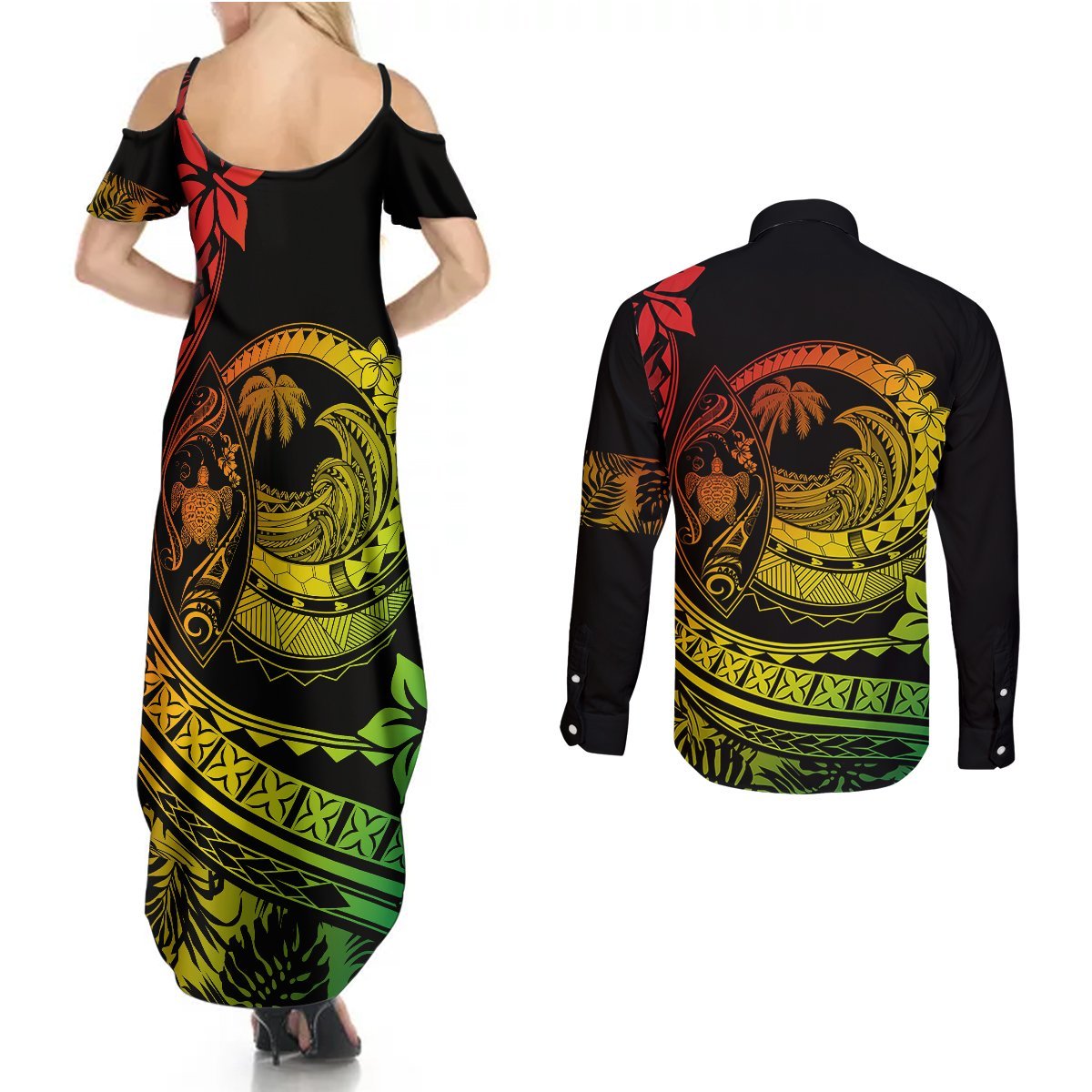 Polynesian Plumeria Couples Matching Summer Maxi Dress and Long Sleeve Button Shirts Ride The Waves - Reggae LT7 - Polynesian Pride
