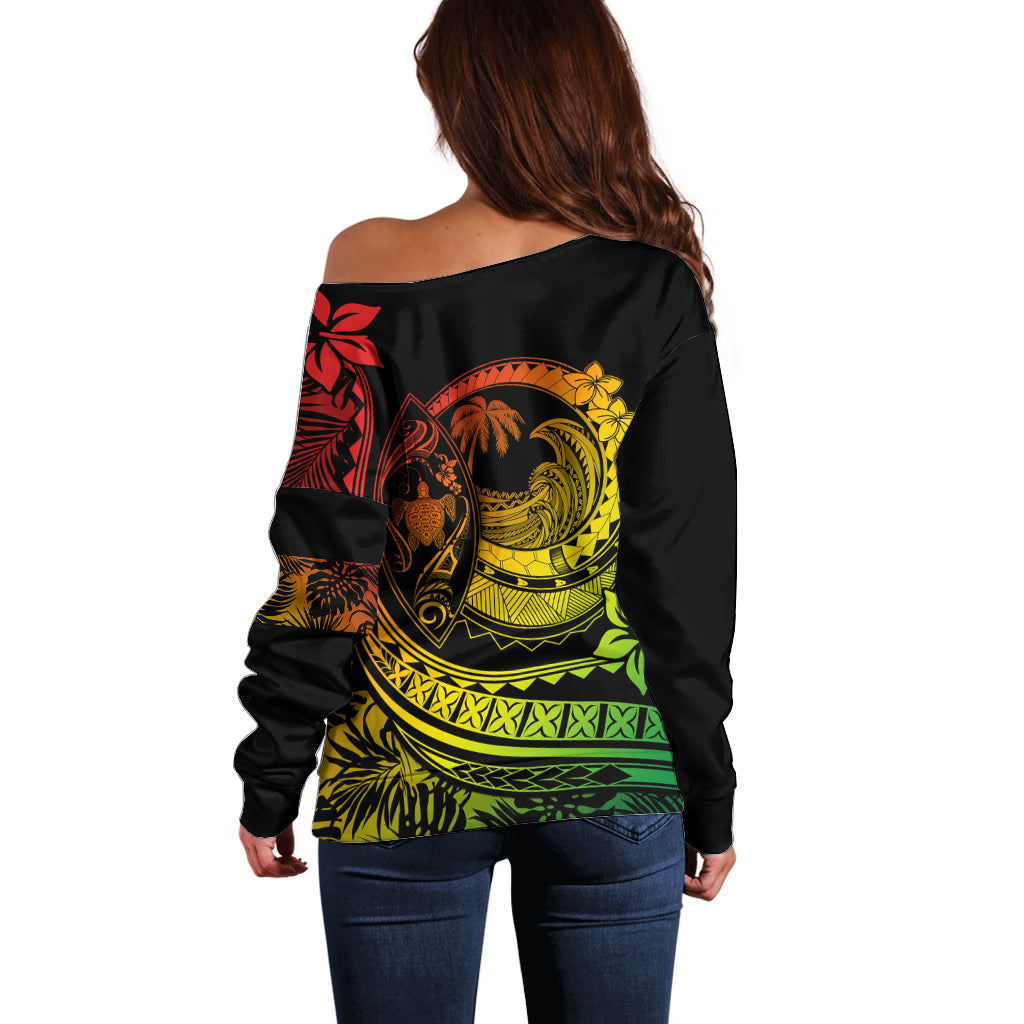 Polynesian Plumeria Off Shoulder Sweater Ride The Waves - Reggae LT7 - Polynesian Pride