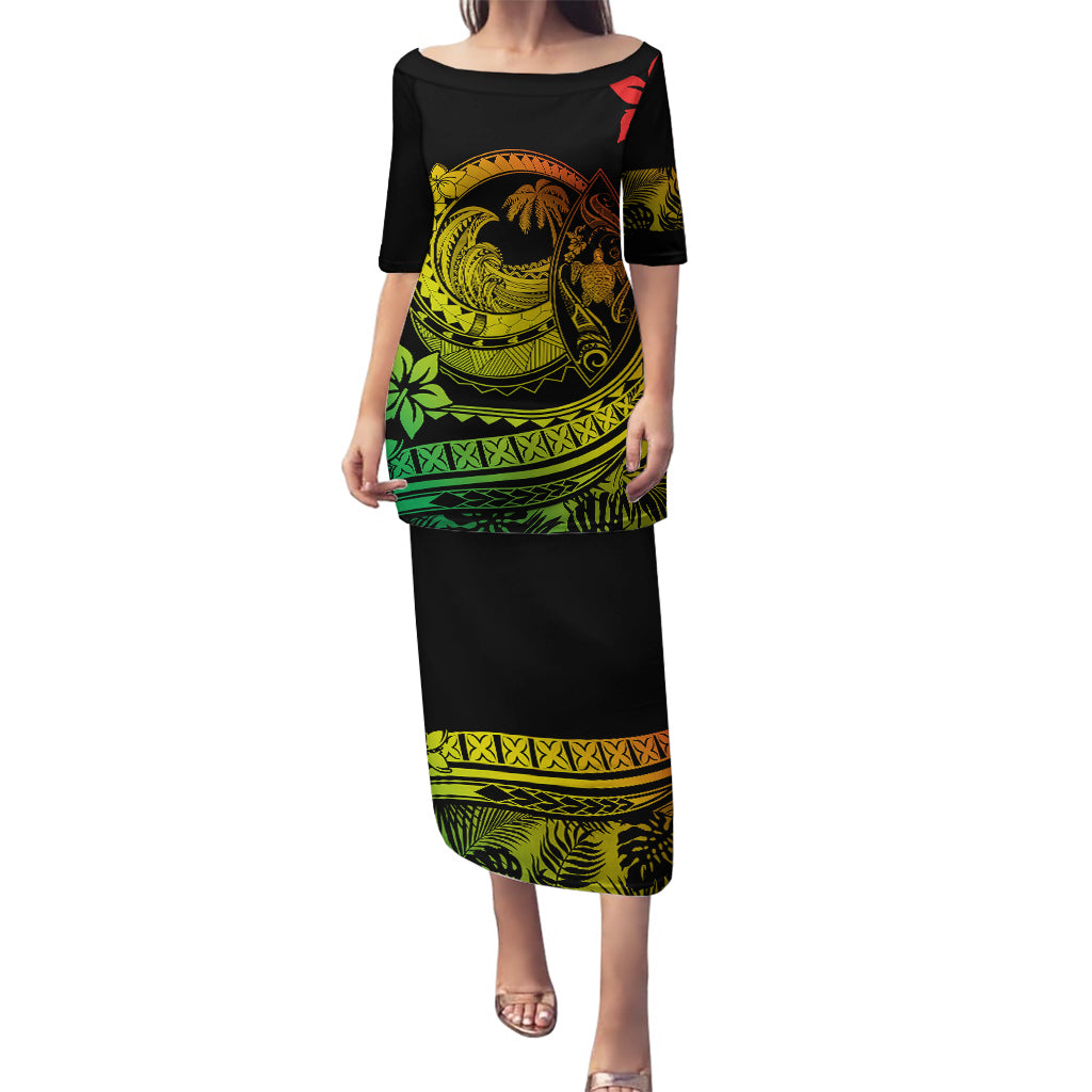 Polynesian Plumeria Puletasi Ride The Waves - Reggae LT7 Long Dress Reggae - Polynesian Pride