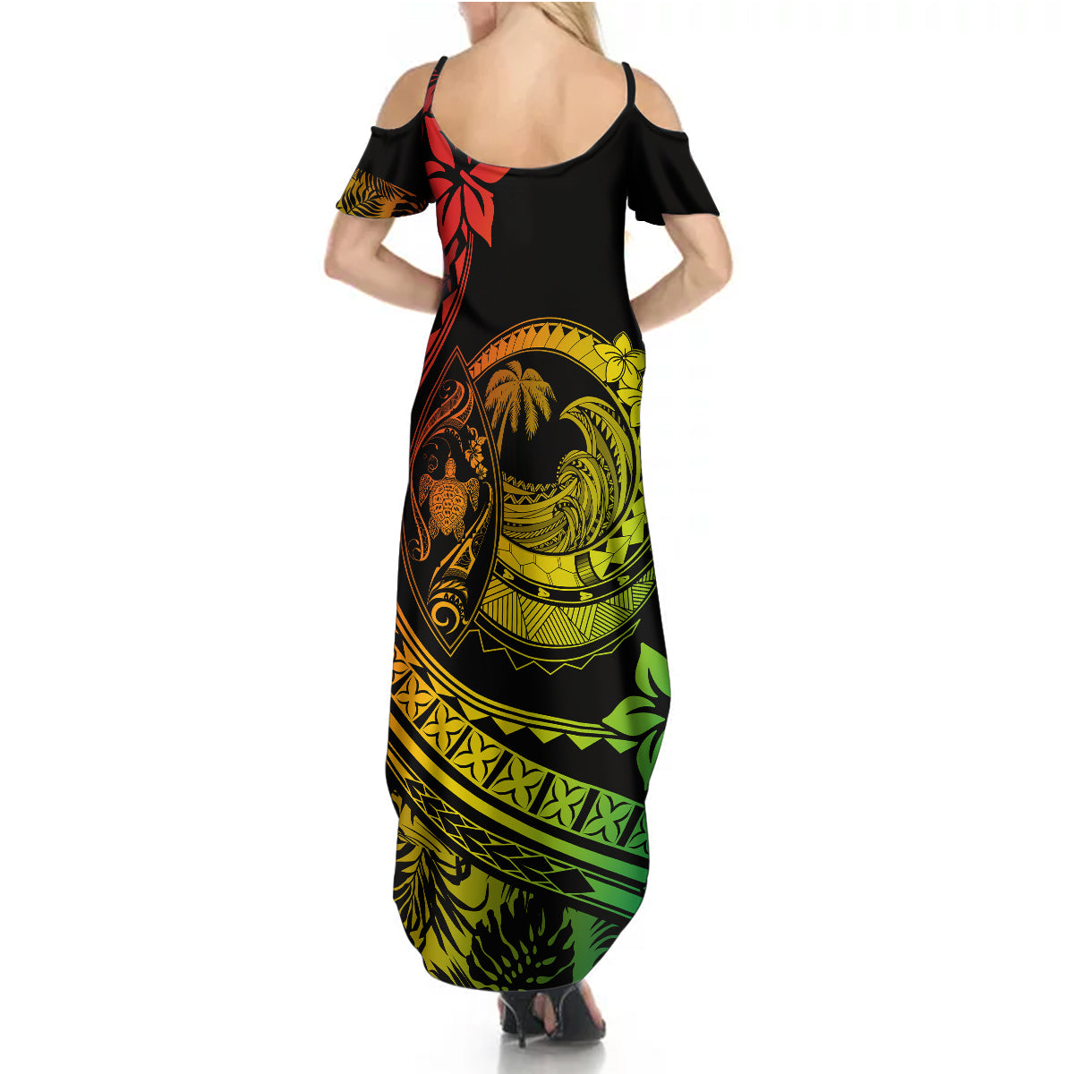 Polynesian Plumeria Summer Maxi Dress Ride The Waves - Reggae LT7 - Polynesian Pride