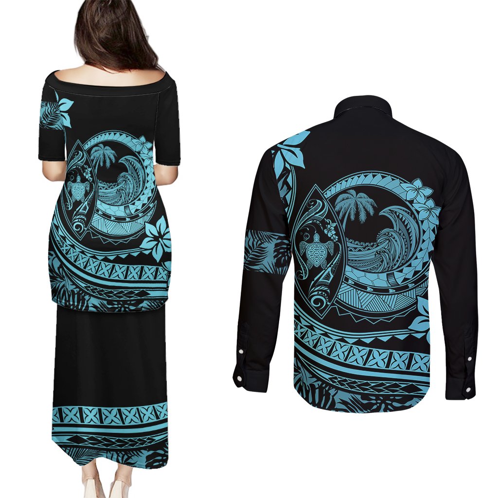 Polynesian Plumeria Couples Matching Puletasi Dress and Long Sleeve Button Shirts Ride The Waves - Turquoise LT7 - Polynesian Pride