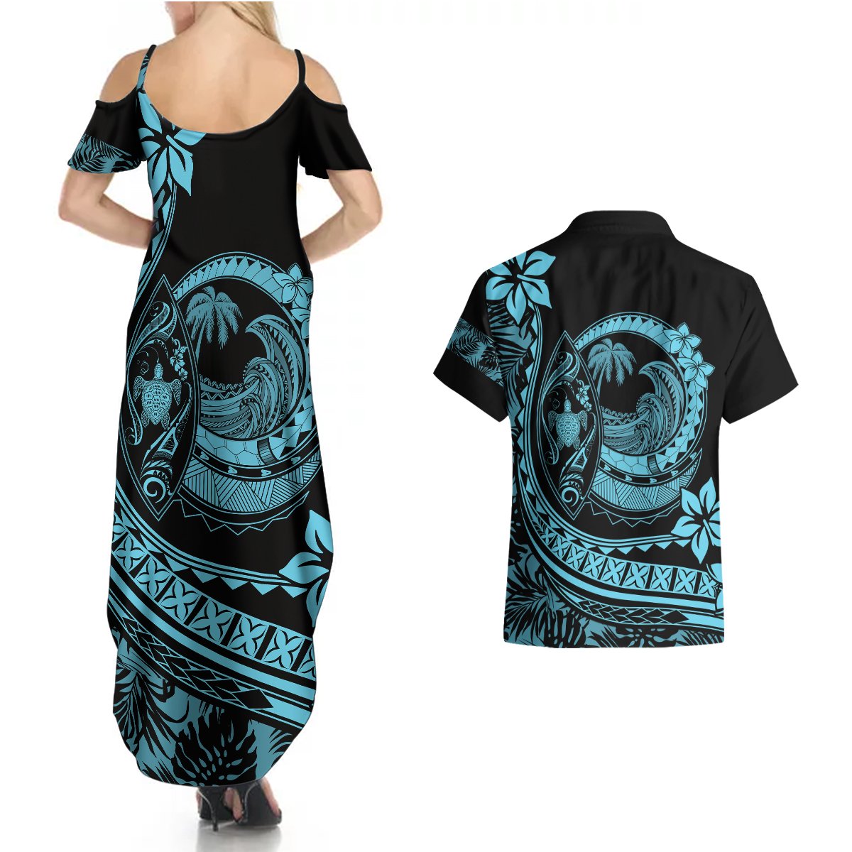 Polynesian Plumeria Couples Matching Summer Maxi Dress and Hawaiian Shirt Ride The Waves - Turquoise LT7 - Polynesian Pride