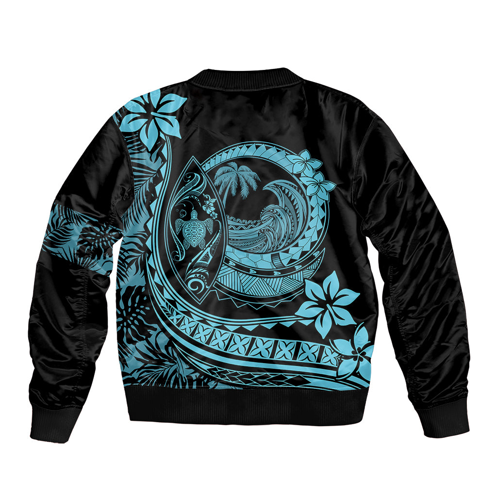 Polynesian Plumeria Sleeve Zip Bomber Jacket Ride The Waves - Turquoise LT7 - Polynesian Pride