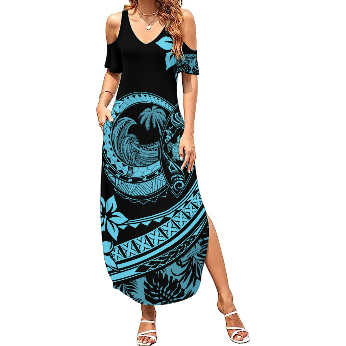 Polynesian Plumeria Summer Maxi Dress Ride The Waves - Turquoise LT7 Women Turquoise - Polynesian Pride