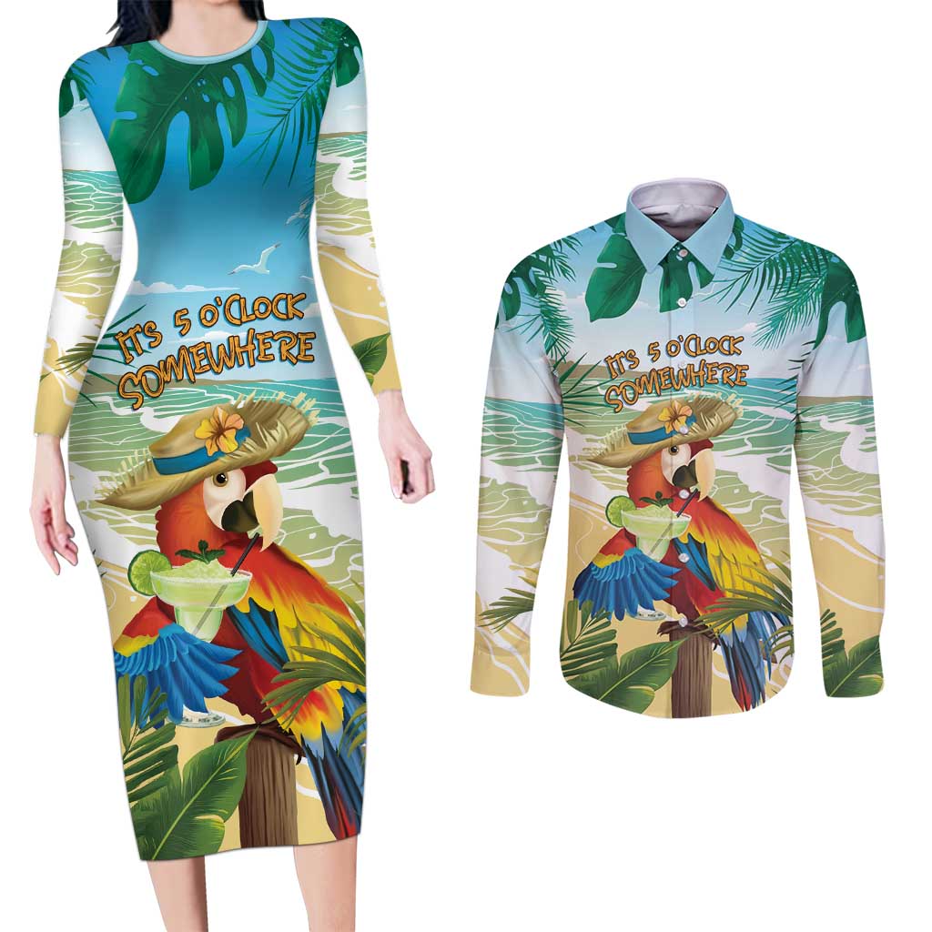 Aloha Hawaii It's 5 o'clock Somewhere Couples Matching Long Sleeve Bodycon Dress and Long Sleeve Button Shirt - Polynesian Pride