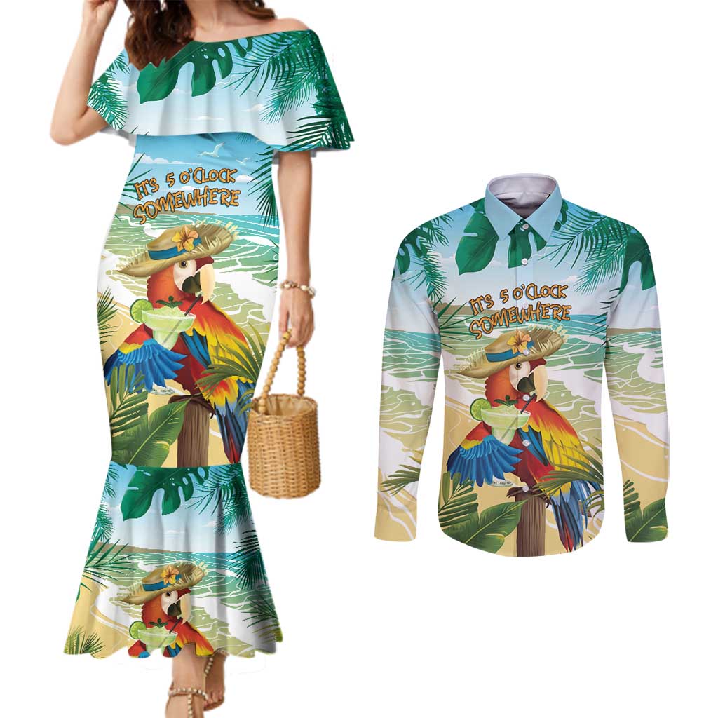 Aloha Hawaii It's 5 o'clock Somewhere Couples Matching Mermaid Dress and Long Sleeve Button Shirt - Polynesian Pride