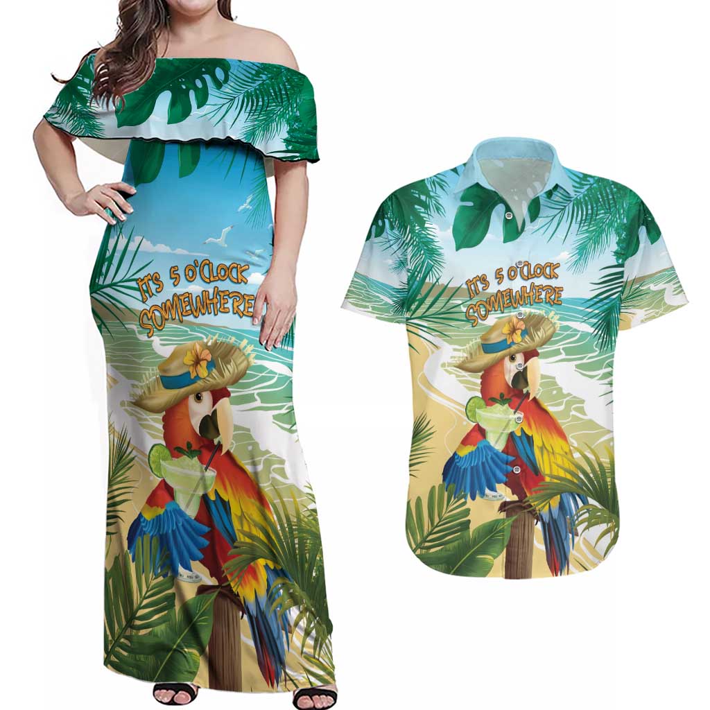 Aloha Hawaii It's 5 o'clock Somewhere Couples Matching Off Shoulder Maxi Dress and Hawaiian Shirt - Polynesian Pride