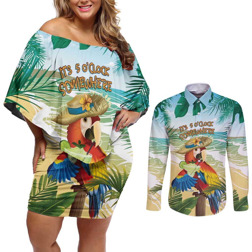 Aloha Hawaii It's 5 o'clock Somewhere Couples Matching Off Shoulder Short Dress and Long Sleeve Button Shirt - Polynesian Pride