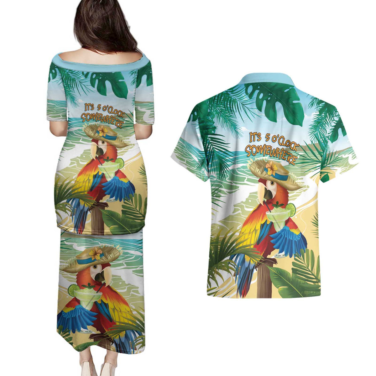 Aloha Hawaii It's 5 o'clock Somewhere Couples Matching Puletasi and Hawaiian Shirt - Polynesian Pride