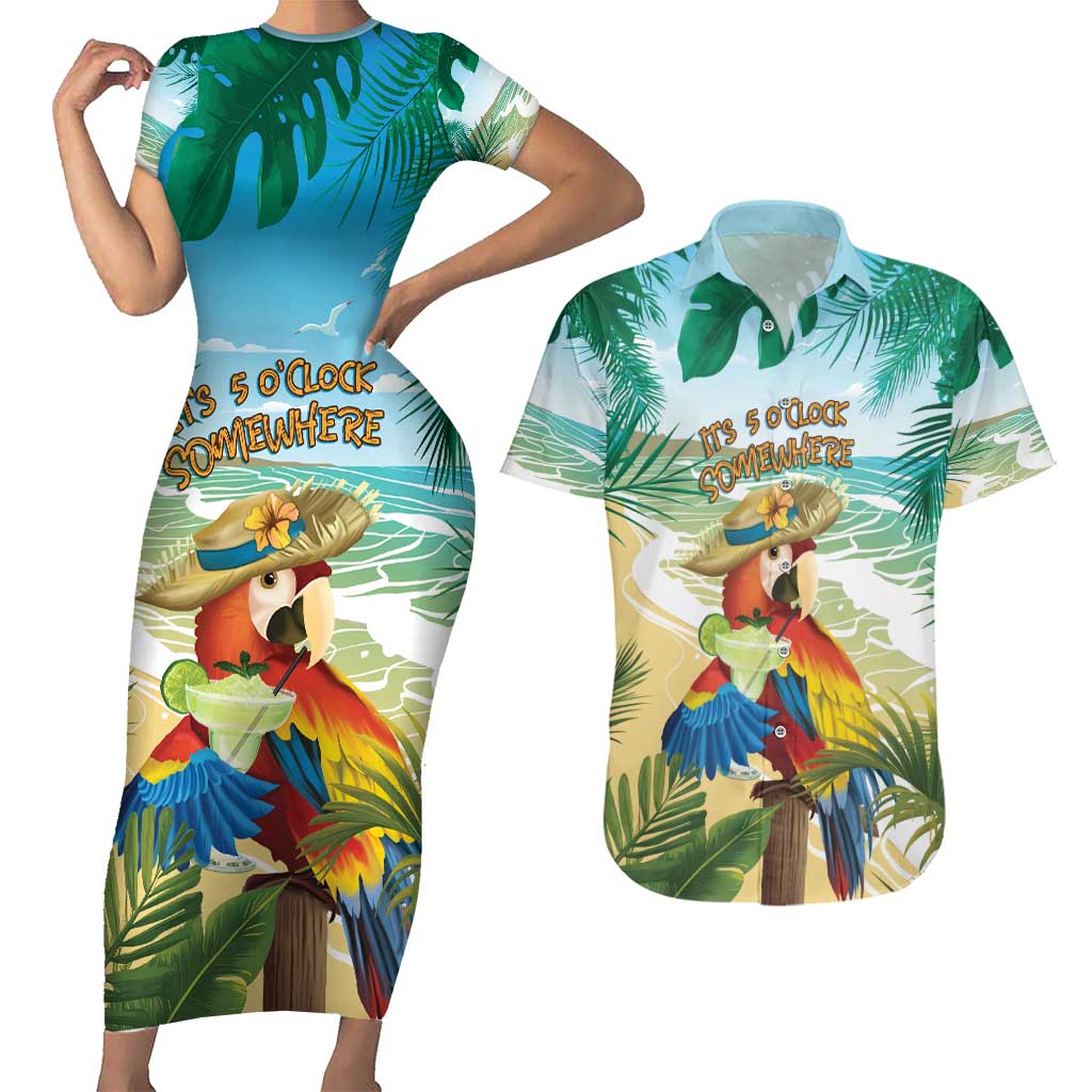 Aloha Hawaii It's 5 o'clock Somewhere Couples Matching Short Sleeve Bodycon Dress and Hawaiian Shirt - Polynesian Pride