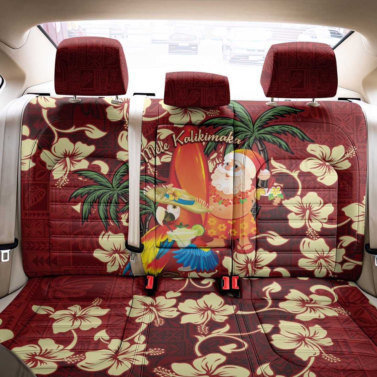 Crimson Red Tropical Christmas Hawaii Tapa Back Car Seat Cover Aloha Santa Drink Party - Polynesian Pride