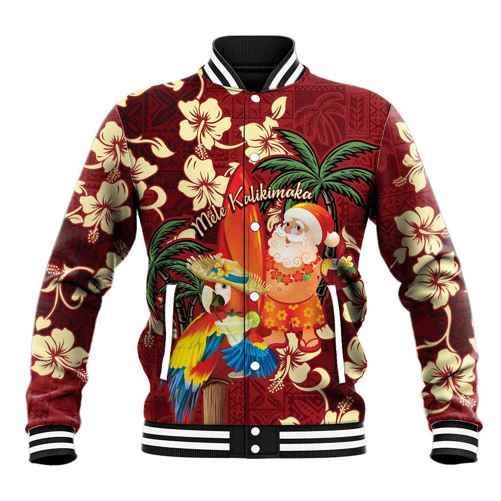 Crimson Red Tropical Christmas Hawaii Tapa Baseball Jacket Aloha Santa Drink Party - Polynesian Pride