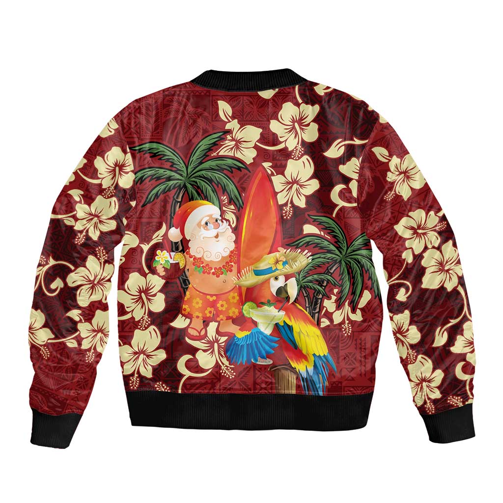 Crimson Red Tropical Christmas Hawaii Tapa Bomber Jacket Aloha Santa Drink Party - Polynesian Pride