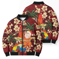 Crimson Red Tropical Christmas Hawaii Tapa Bomber Puffer Jacket Aloha Santa Drink Party - Polynesian Pride