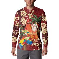 Crimson Red Tropical Christmas Hawaii Tapa Button Sweatshirt Aloha Santa Drink Party - Polynesian Pride