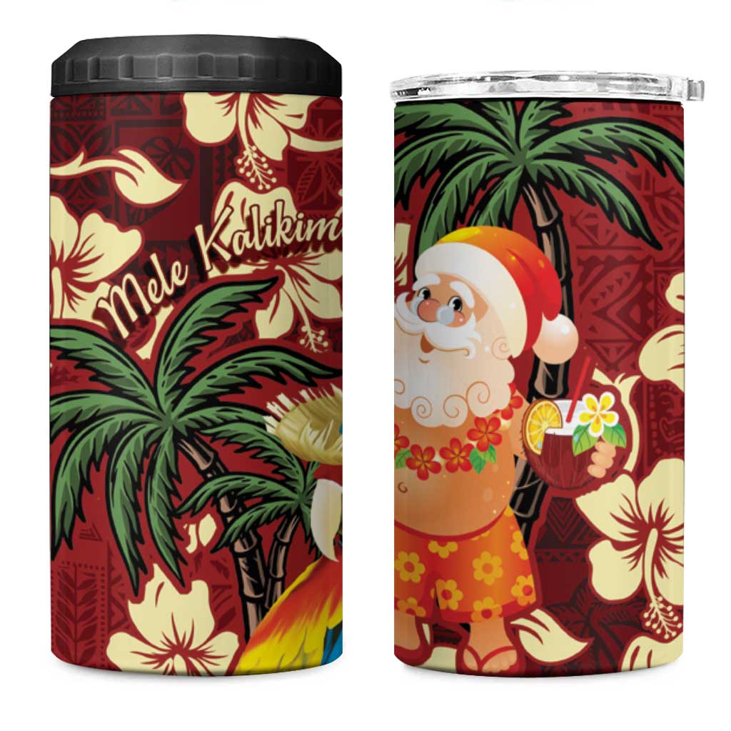 Crimson Red Tropical Christmas Hawaii Tapa 4 in 1 Can Cooler Tumbler Aloha Santa Drink Party - Polynesian Pride