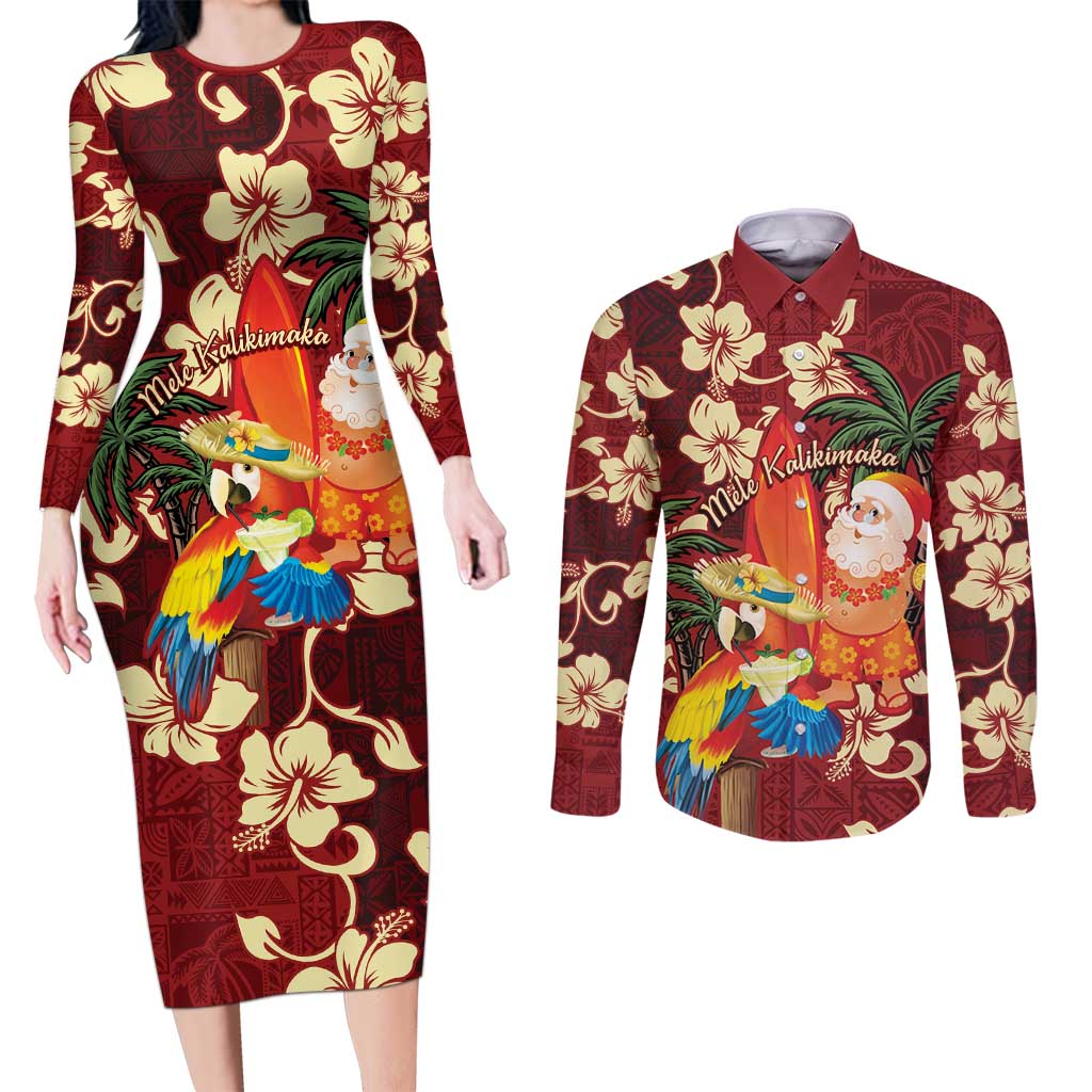 Crimson Red Tropical Christmas Hawaii Tapa Couples Matching Long Sleeve Bodycon Dress and Long Sleeve Button Shirt Aloha Santa Drink Party - Polynesian Pride