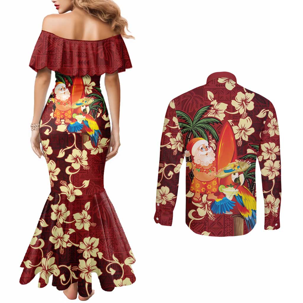 Crimson Red Tropical Christmas Hawaii Tapa Couples Matching Mermaid Dress and Long Sleeve Button Shirt Aloha Santa Drink Party - Polynesian Pride