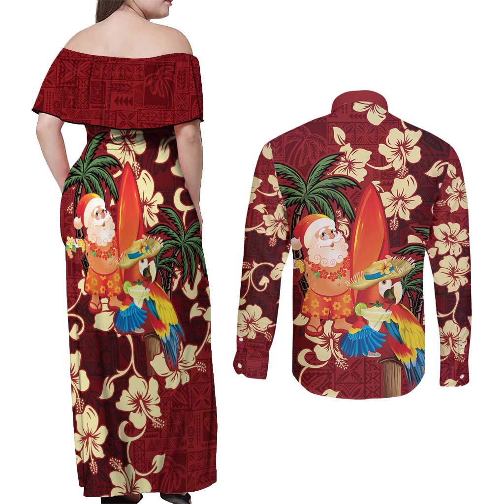 Crimson Red Tropical Christmas Hawaii Tapa Couples Matching Off Shoulder Maxi Dress and Long Sleeve Button Shirt Aloha Santa Drink Party - Polynesian Pride