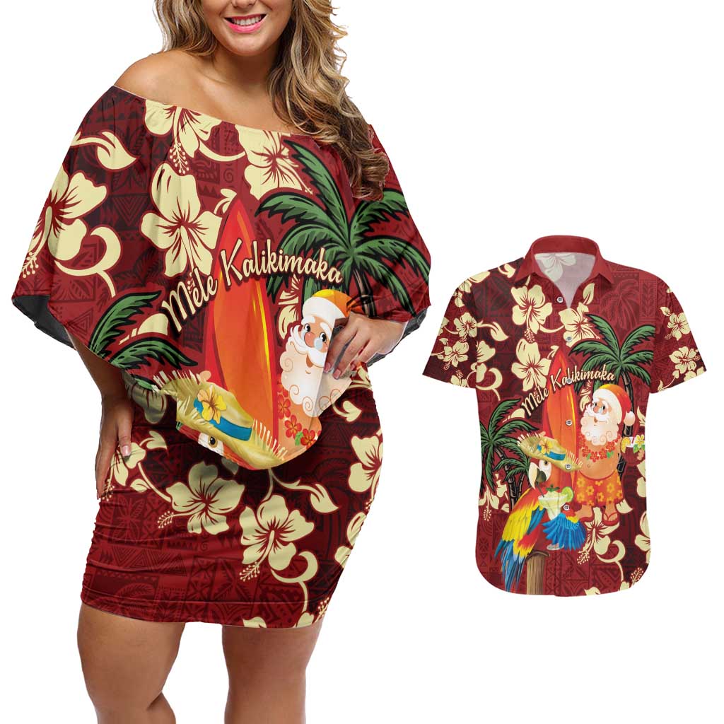 Crimson Red Tropical Christmas Hawaii Tapa Couples Matching Off Shoulder Short Dress and Hawaiian Shirt Aloha Santa Drink Party - Polynesian Pride
