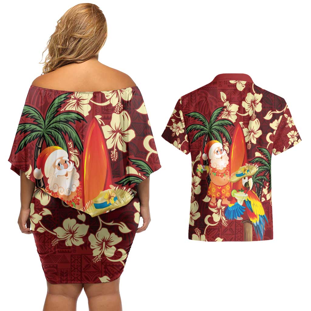 Crimson Red Tropical Christmas Hawaii Tapa Couples Matching Off Shoulder Short Dress and Hawaiian Shirt Aloha Santa Drink Party - Polynesian Pride