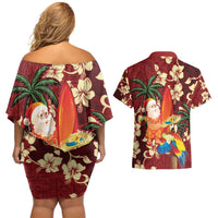 Crimson Red Tropical Christmas Hawaii Tapa Couples Matching Off Shoulder Short Dress and Hawaiian Shirt Aloha Santa Drink Party - Polynesian Pride